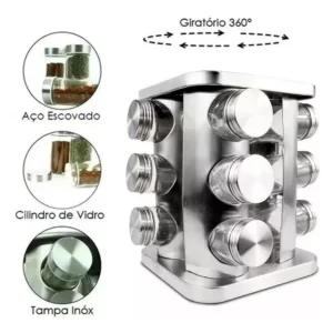 Porta Tempero Giratório Inox - 12 Potes