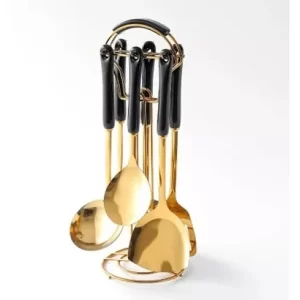 Jogo 7 Utensílios Inox Dourado e Cerâmica (Preto)