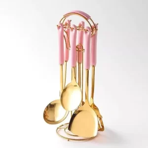 Jogo 7 Utensílios Inox Dourado e Cerâmica (Rosa)