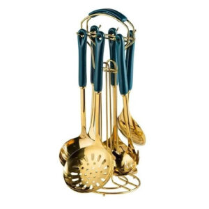 Jogo 7 Utensílios Inox Dourado e Cerâmica (Verde)